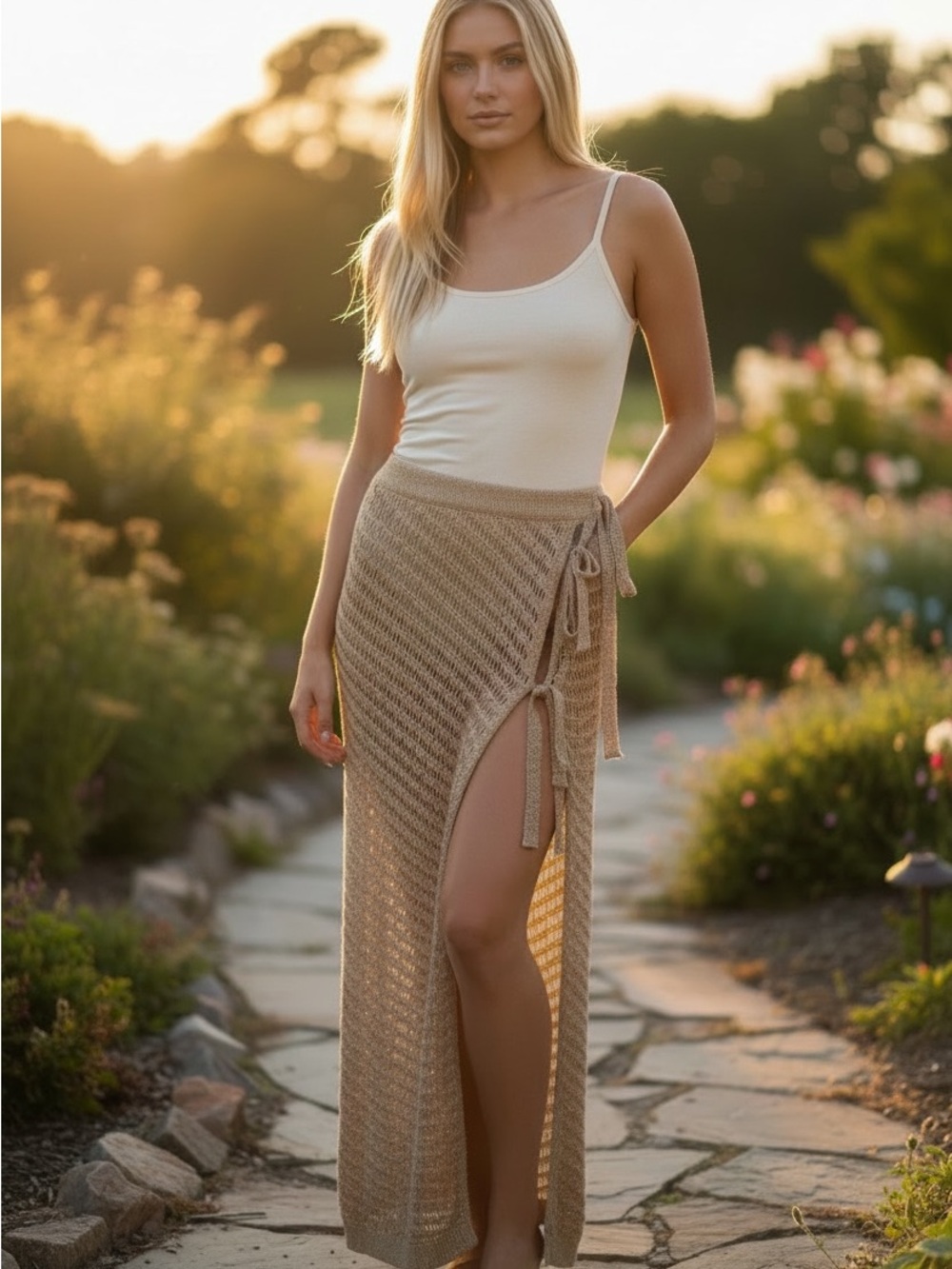 Dotti Tan Crochet Tie-Side Maxi Coverup
